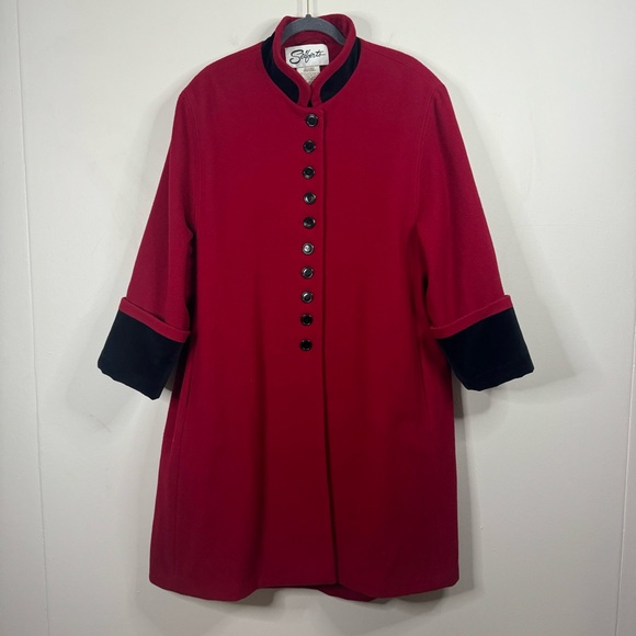 Vintage Sieberts Red/Black Trim Long Wool Flared Swing Coat Woman's Size 16 - Picture 13 of 15